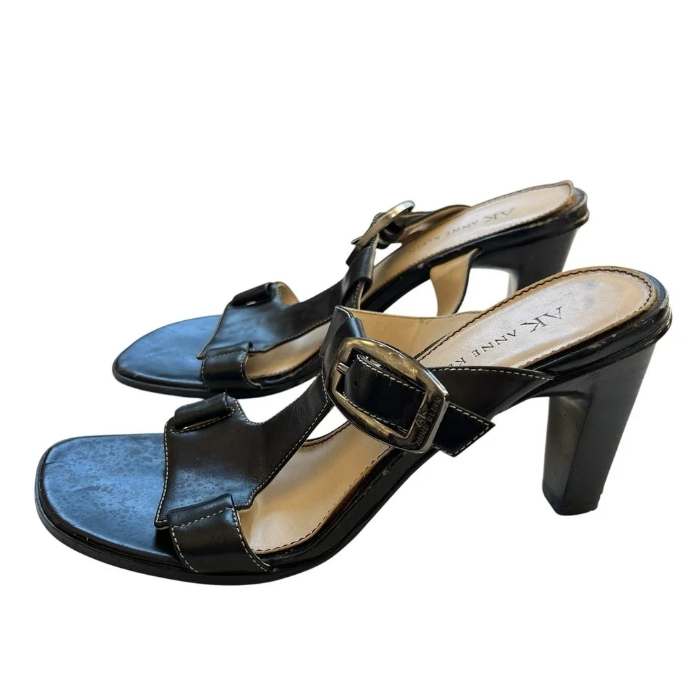Anne Klein Maprincess Womens Size 6.5 M Black Leather Heeled Sandals Dress Shoes
